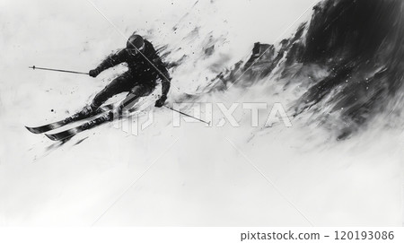 A sketch of a skier navigating down a snowy slope in a dynamic black and white design 120193086