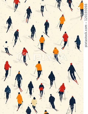 Winter outdoor activity featuring people skiing in a minimalistic vector style 120193098