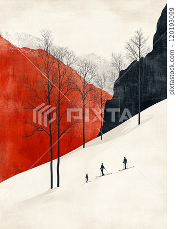 Minimalistic vector illustration of skiers navigating snowy terrain with red mountain backdrop 120193099