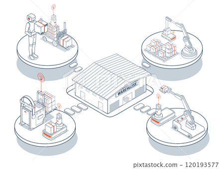 Automated Guided Vehicles (AGVs) and Autonomous Mobile Robots (AMRs) are self-driving vehicles that transport materials in industrial and healthcare facilities. Vector illustration EPS 10 120193577