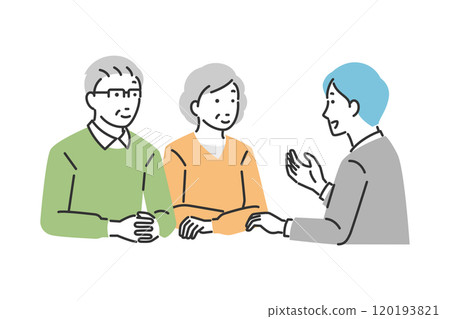 Illustration of a senior couple receiving an explanation from a sales man Illustration of a senior couple receiving an explanation from a sales man 120193821