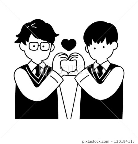 一對穿著校服的好朋友[男]用手做一顆心的單色插圖 120194113