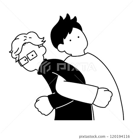 Monochrome illustration of a friendly pair of men stretching 120194116