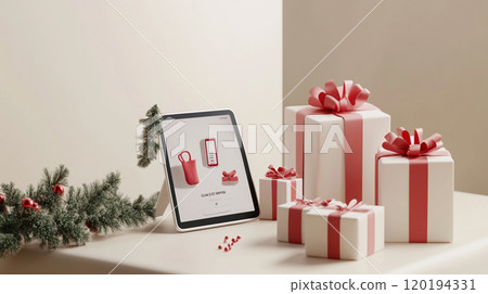 3D minimalist Christmas shopping concept, with a clean white background, simple wrapped gift boxes, a tablet displaying a holiday shopping app, and a single sprig of holly for a festive touch. 120194331