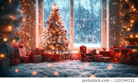 3D scene of a Christmas tree surrounded by shopping bags with holiday patterns, gift boxes, and winter decorations, set in a cozy room with a window showing a snowy winter night outside. 120194332