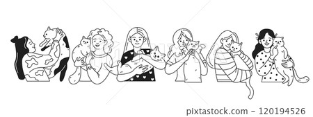 Happy women caressing adorable cats linear icons collection 120194526