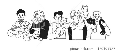 Group of happy men with cats linear icons collection 120194527