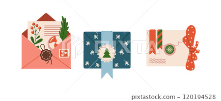 Festive Christmas envelopes with letter candy and bow 120194528