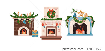 Burning fireplaces with Christmas ornament vector objects Burning fireplaces with Christmas ornament vector objects 120194533