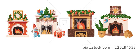 Fireplaces with Christmas decorations vector objects set 120194535