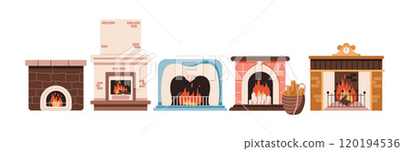 Fireplaces with burning flame flat color vector objects set 120194536