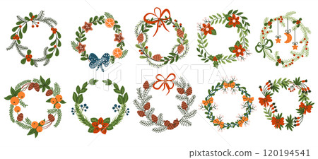 Christmas wreaths with decorations flat vector objects set 120194541