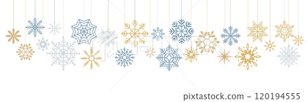 Elegant golden silver and blue snowflakes hanging linear icons Elegant golden silver and blue snowflakes hanging linear icons 120194555