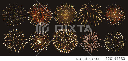 Golden fireworks exploding lights realistic color icons set 120194580