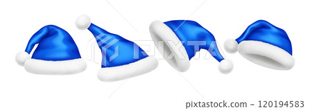 Santa hats of blue satin and fur vector illustration set 120194583