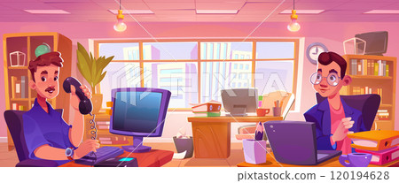 Two men working at table in office room interior 120194628