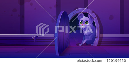 Cute mouse looking out of tiny house in baseboard 120194630