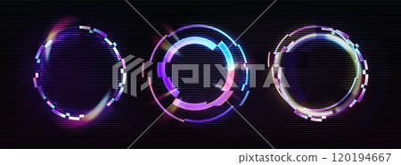 Neon glitch effect circle. Digital ring frame 120194667