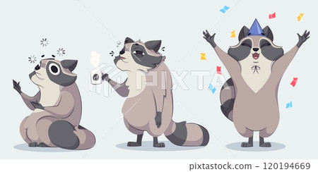 Cute racoon cartoon character. Funny vector animal 120194669