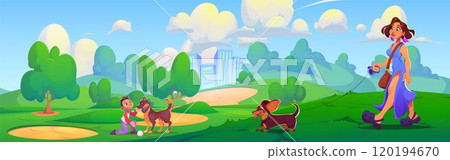 People walking dogs in summer city park People walking dogs in summer city park 120194670