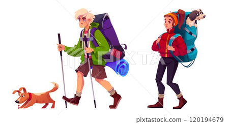 Hiker tourist with backpack and dog in adventure 120194679