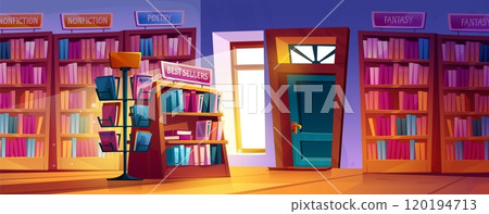 Bookstore interior with books on shelves 120194713