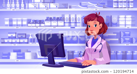 Female pharmacist at drugstore counter 120194714