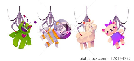 Grabber slot machine robotic claw with plush toys. Grabber slot machine robotic claw with plush toys. 120194732