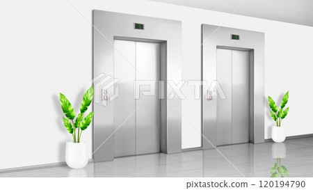Hall interior with white walls and elevator doors Hall interior with white walls and elevator doors 120194790