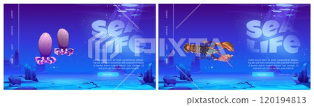 Web banner with childish underwater landscape. Web banner with childish underwater landscape. 120194813