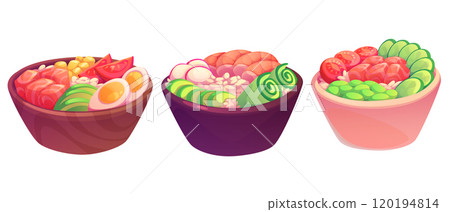 Poke bowl with rice, seafood and vegetables Poke bowl with rice, seafood and vegetables 120194814