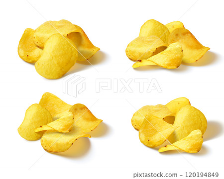 Potato chip pile. 3d realistic slice snack vector 120194849
