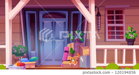 Home moving - stuff and cat in boxes on porch 120194856