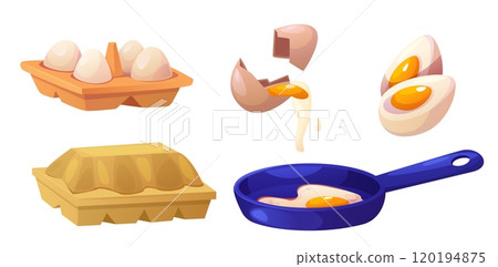 Chicken egg in carton box and cooking 120194875