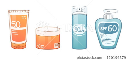 Sunscreen cream in plastic tube and jar. Sunscreen cream in plastic tube and jar. 120194879