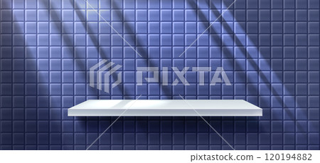 White shelf on blue tile wall with shadow. White shelf on blue tile wall with shadow. 120194882