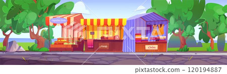 Street market stalls in green summer park 120194887