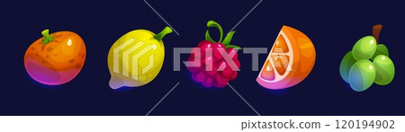 Fruits game ui or casino slot design elements. Fruits game ui or casino slot design elements. 120194902