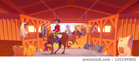 Horseback riders on horse in stable 120194908