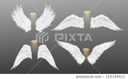 White realistic angel wings with glowing halo White realistic angel wings with glowing halo 120194912