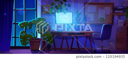 Desk for remote work in home room at night Desk for remote work in home room at night 120194935