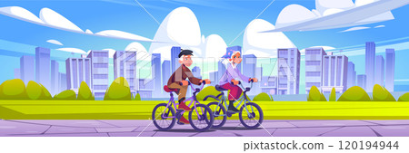Senior couple cycling in summer city park 120194944