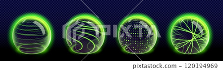Protect sphere with green neon glow pattern. 120194969