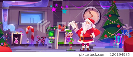 Workshop factory interior with Santa Claus and elf 120194985