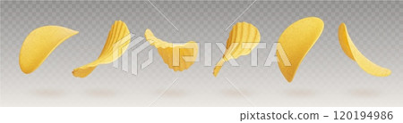 Flying crisp potato chip 3d realistic set Flying crisp potato chip 3d realistic set 120194986