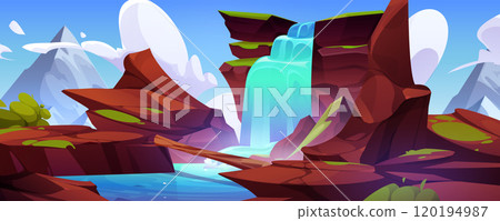 Summer sunny landscape with log bridge over river 120194987
