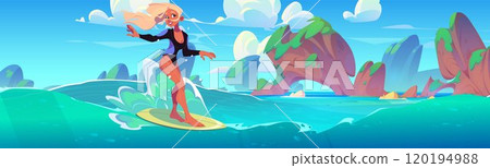 Young woman in swimsuit surfing sea wave on board 120194988