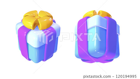 Cute blue closed gift box with ribbon and bow. 120194995