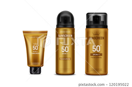 Sunscreen bottles set on white background 120195022