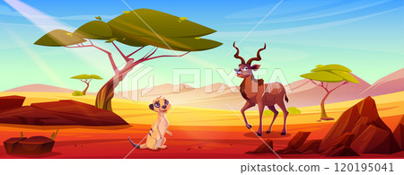 Cartoon antelope and suricate in Africa savannah 120195041